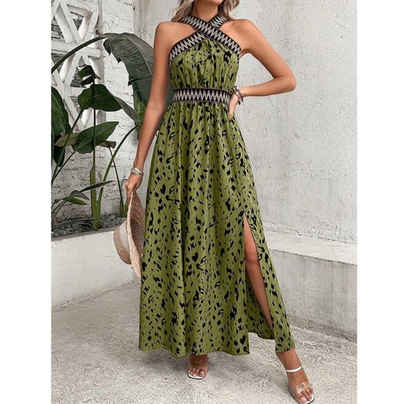 Allover Print Contrast Tape Split Thigh Maxi Dress Green - Picture 4 of 6